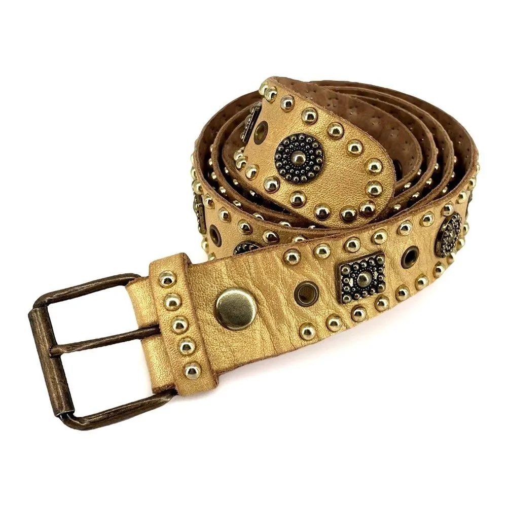 Sand Castle New York Metallic Gold Studded Women's 42.5” Soft Leather Belt EUC